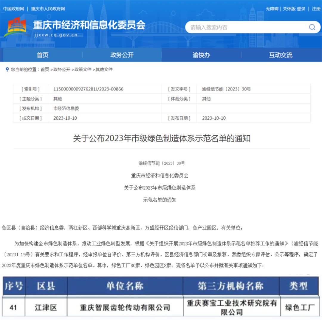 2023年市級綠色制造體系示范名單公布！重慶智展齒輪傳動有限公司獲評“重慶綠色工廠”